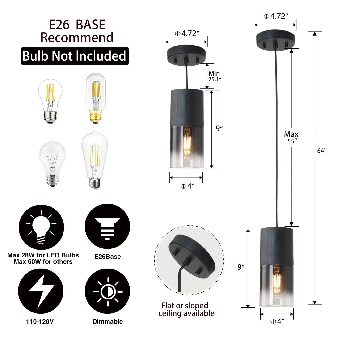 LINSEEDS 3-Pack Black Pendant Light Fixtures, Adjustable Modern Pendant Lights for Kitchen Island, Industrial Glass Pendant Lights for Dining Table Hallway Bedroom Living Room