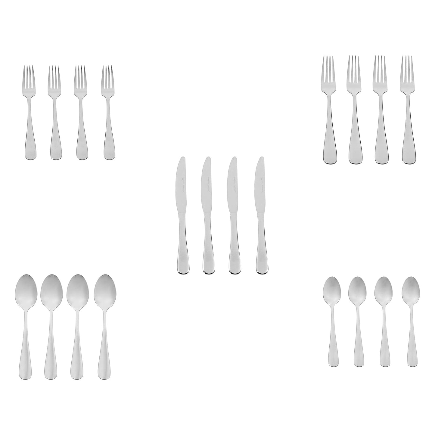 Amazon Basics Silverware Set, Stainless Steel Flatware, Dishwasher Safe, Service for 4, 20-Piece Forks and Spoons, Round Edge, Everyday Use