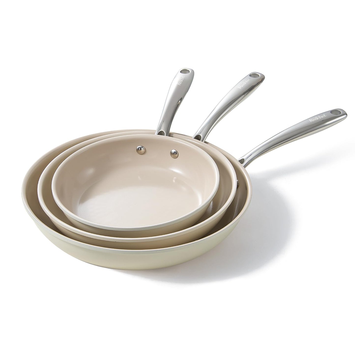 Redchef Nonstick Frying Pans Set, Ceramic Pan Skillet, Non Toxic Pans for Cooking, 8" 9.5" 11" Ceramic Frying Pan Set PFAS & PTFE & PFOA Free with Stay Cool Handle, Dishwasher & Oven Safe, Beige White
