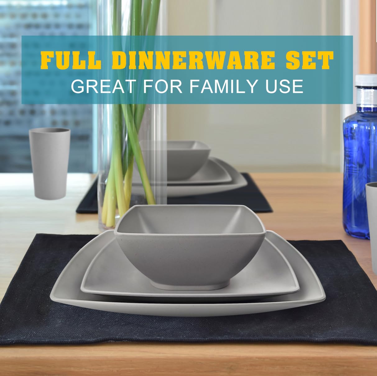 Teivio 32-piece Plastic Wheat Straw Square Dinnerware Set for 8, Unbreakable Dinner Plates, Salad Plates, Snack Bowls, Tumblers, Dishwasher Safe, Light Gray