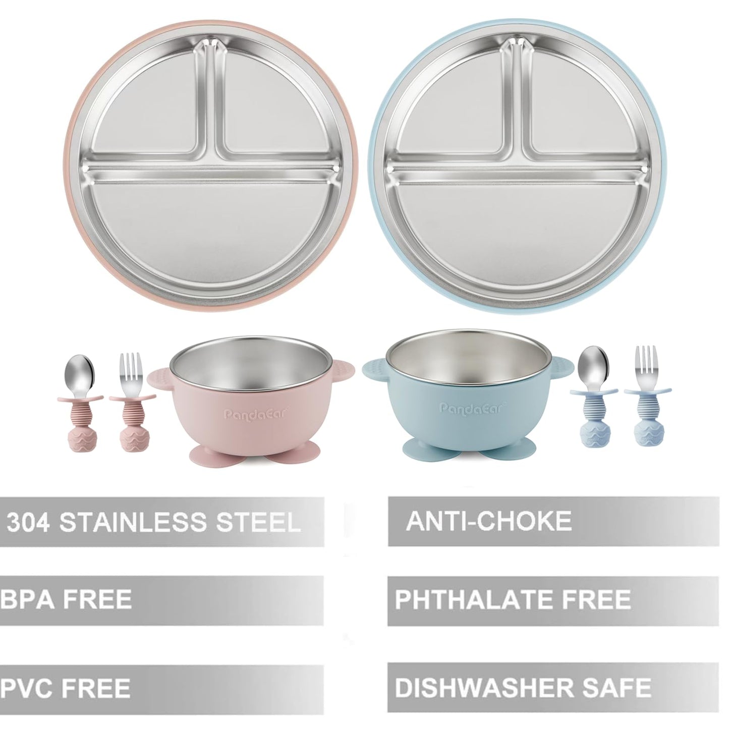 PandaEar 8PCS Baby Feeding Set | Stainless Steel Suction Plates and Bowls with Silicone Fork and Spoon Utensils | Baby Led Weaning Tableware for Toddlers & Kids (Pink & Blue)