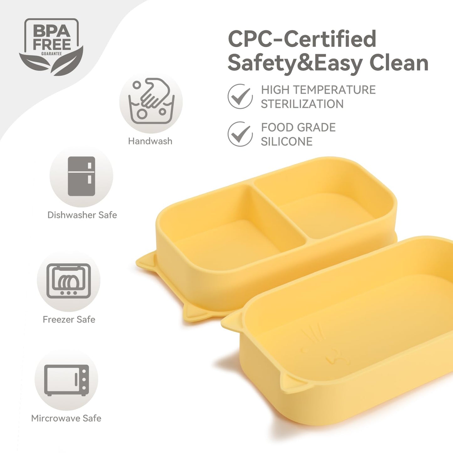 Mossora Portable Baby Plates with Suction, 6Pcs Travel Silicone Feeding Set for Toddlers, Foldable, Non-Slip Dishwasher Safe Plates & Utensils, BPA Free, Cat Design Gift Ready(Pale Yellow)