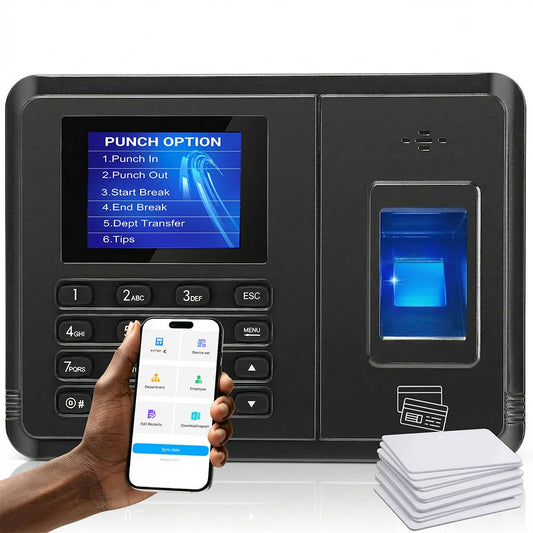 Tymelix Time Clock System: App Control & 5s Fast Connection, Customizable Rules & 4 Payroll Reports, 10 IC Cards, No Monthly Fee Biometric Fingerprint Time Clocks for Employees Small Business