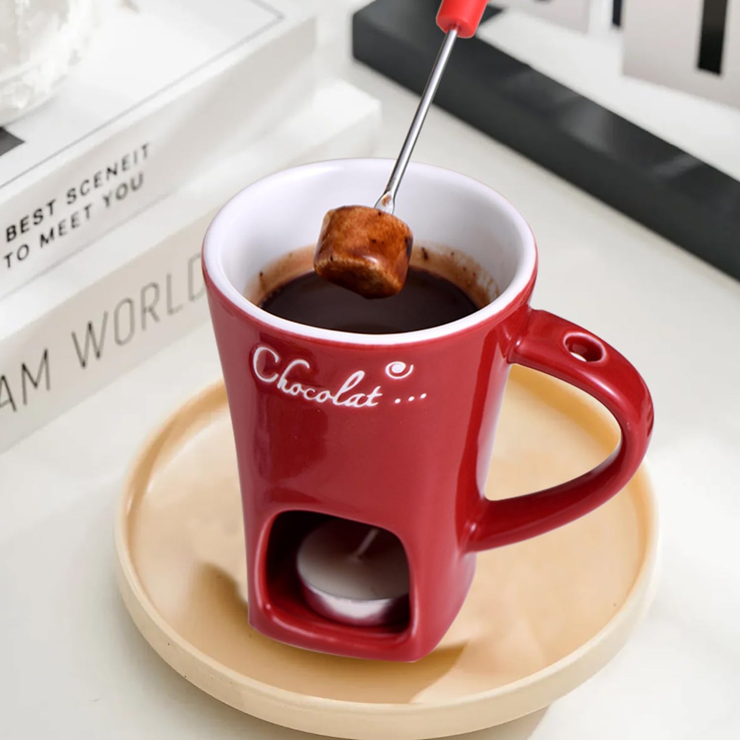 Sweet Fondue Cup for Date Night and More, Chocolate Melting Cup Set with Forks, Perfect as Fondue Mug or Chocolate Fondue Mug - Ideal Gifts for Birthday, Wedding, Mini Simmer Mug (Red)
