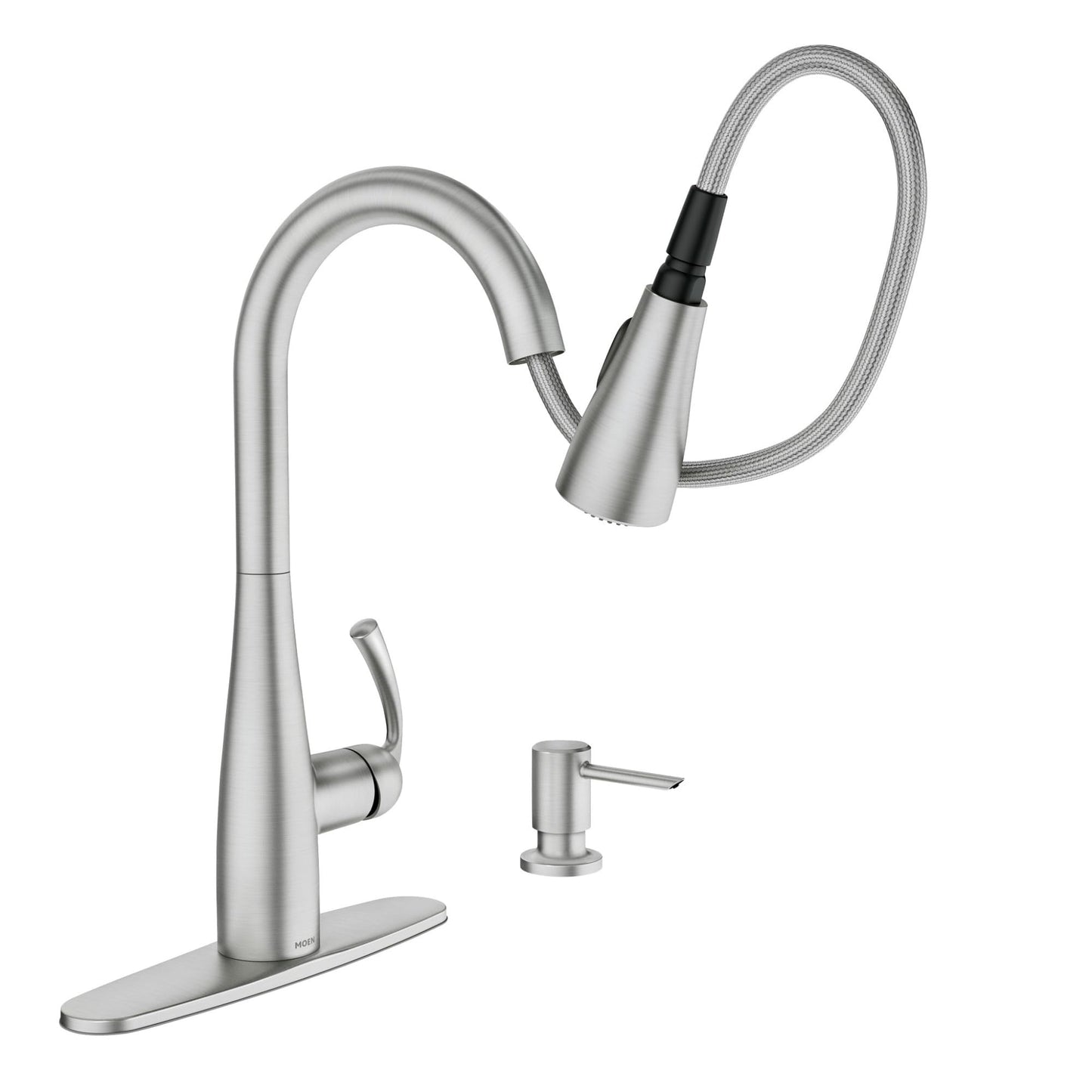Moen Essie Spot Resist Stainless Pulldown Sprayer Kitchen Sink Faucet Set with Modern Pump Soap Dispenser, 87014SRS