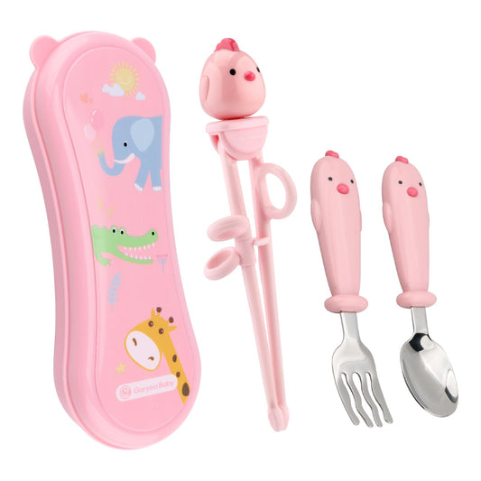 Goryeo Baby Toddler Utensils Stainless Steel Kids Silverware Set with Kids Training Chopsticks and Baby Spoon and Fork for Self Feeding Learning with Case (3PCS)(Pink)