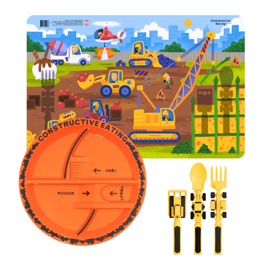 Constructive Eating Made in USA Toddler Eating Set: Kids Placemats for Dining Table with Plate & Utensils, Gifts for 2 Year Old, Toddler Forks and Spoons for Picky Eater (Construction)