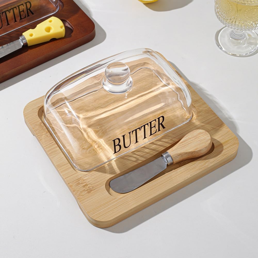 New Butter Tray with Lid Cheese and Dessert Serving Platter Bread Board for Kitchen Storage and Elegant Presentation (Log color(Tray+Cover+Knife))