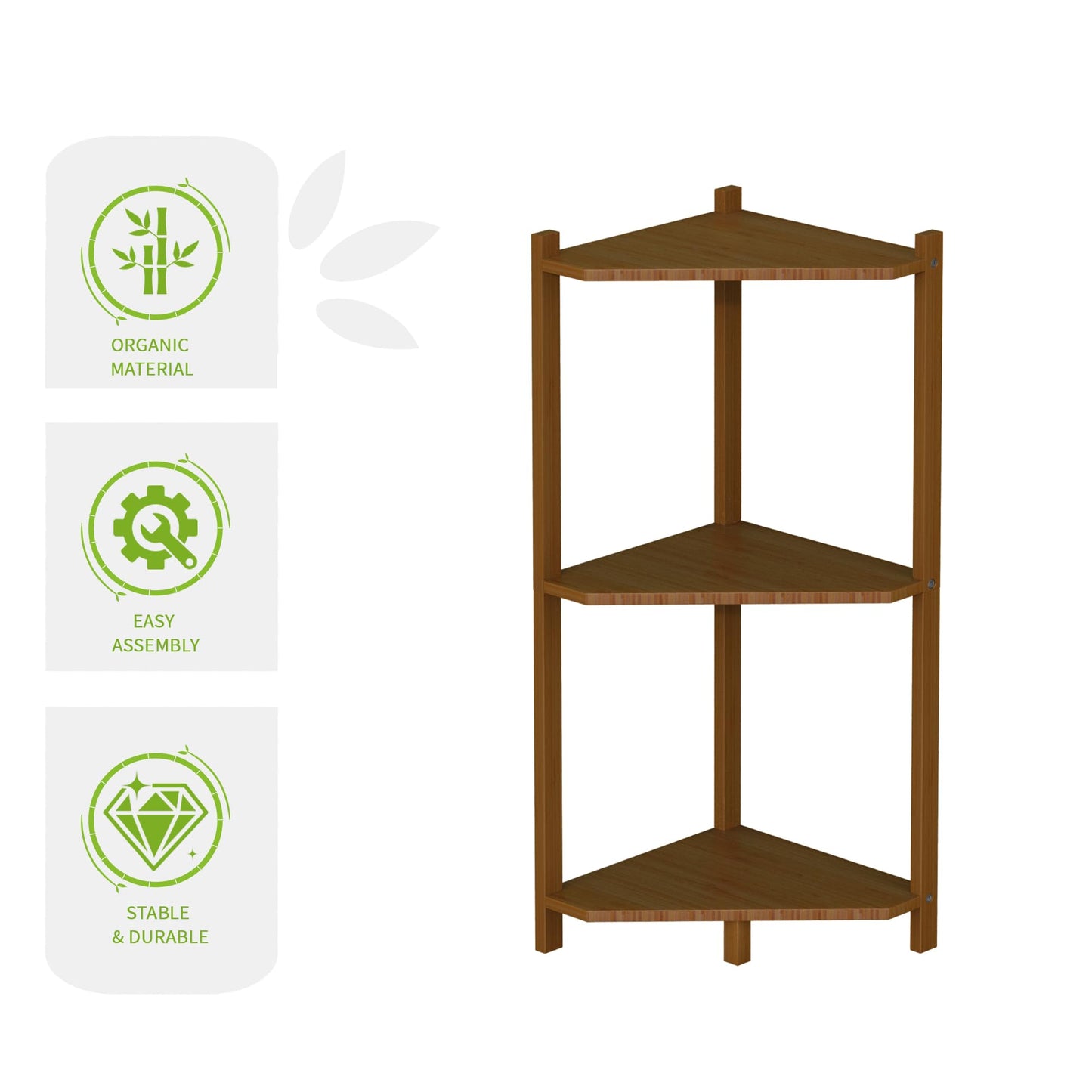 Wisuce Corner Shelf, 100% Real Bamboo Shower Corner Shelves Free Standing Shelf Storage Organizer for Bathroom Living Room Kitchen (Brown, 3 Tier)