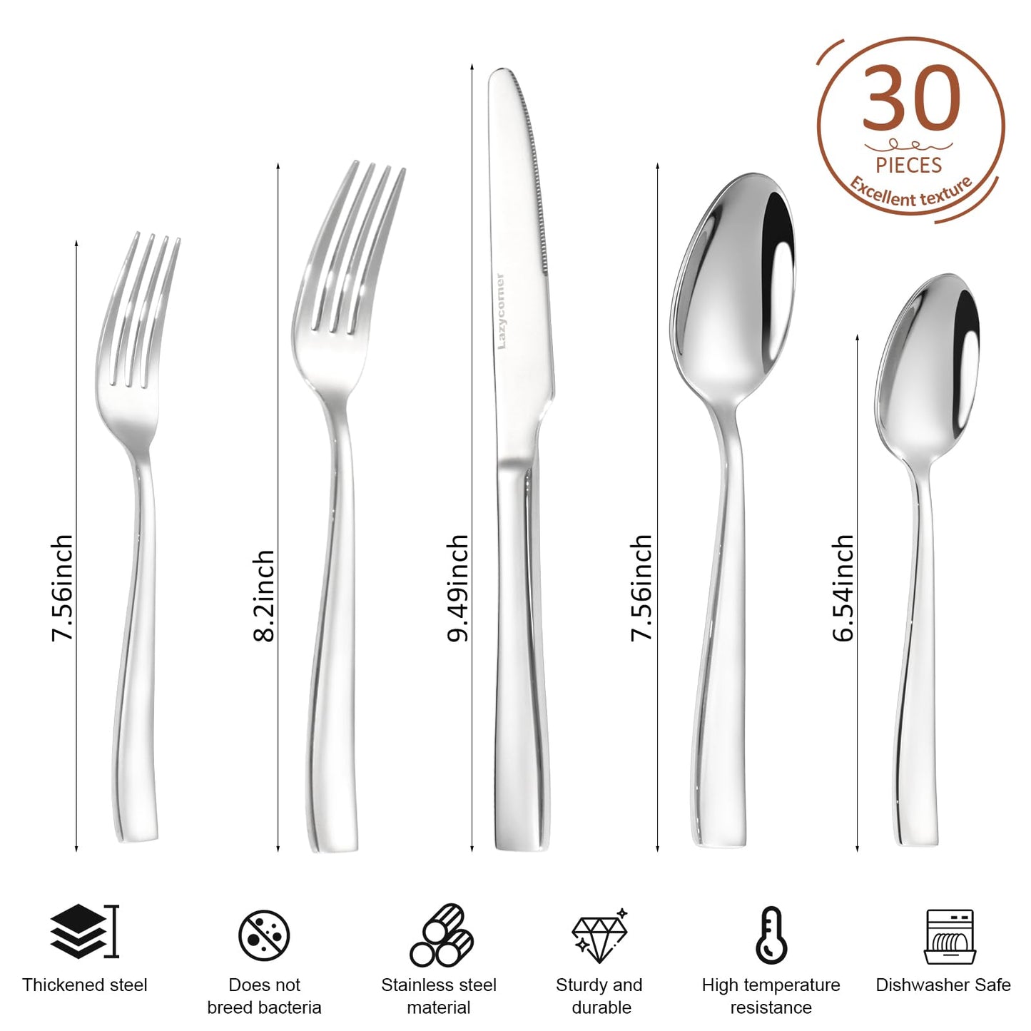Lazycorner Silverware Set for 6, 18/10 Stainless Steel Flatware Set, 30-Piece Mirror Polished Modern Cutlery Set include Fork Knife Spoon Set(Dishwasher Safe)