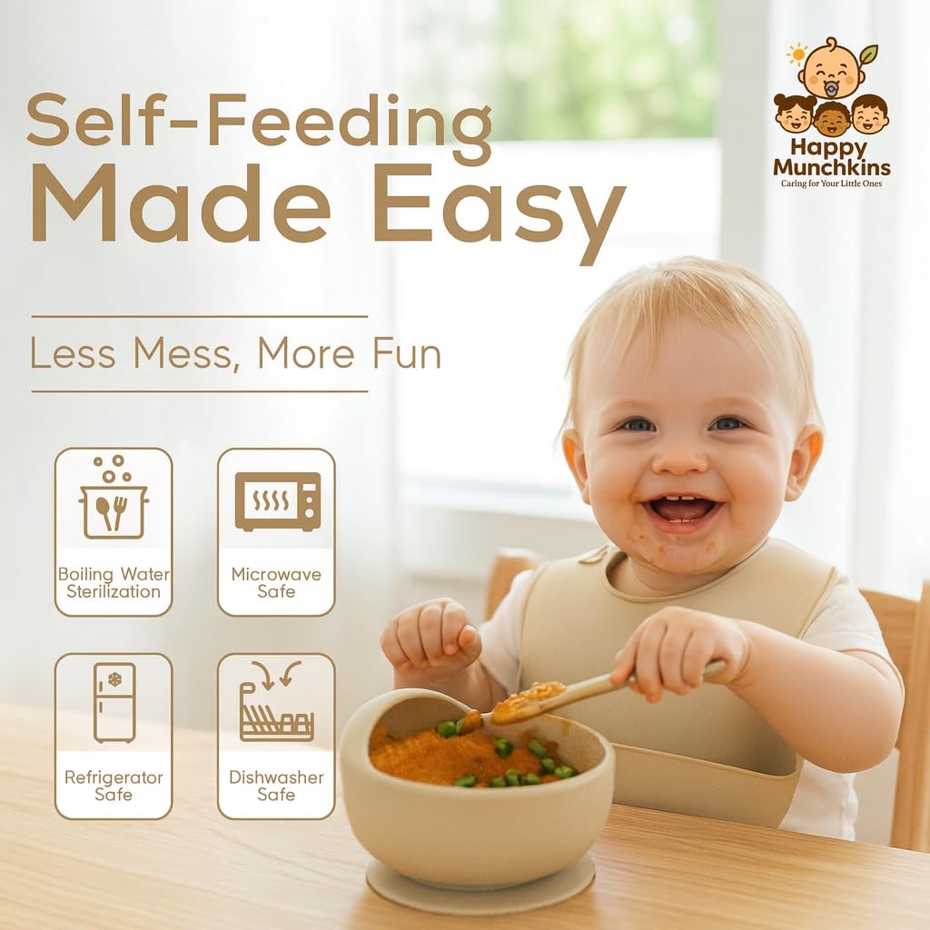 Happy Munchkins Silicone Baby Feeding Set | 9 PCS Baby Led Weaning Supplies Feeding Utensils | Divided Suction Plate Bowl Bib Cup Baby Spoons Forks | Toddler Eating Essentials-6+ Months (Beige)