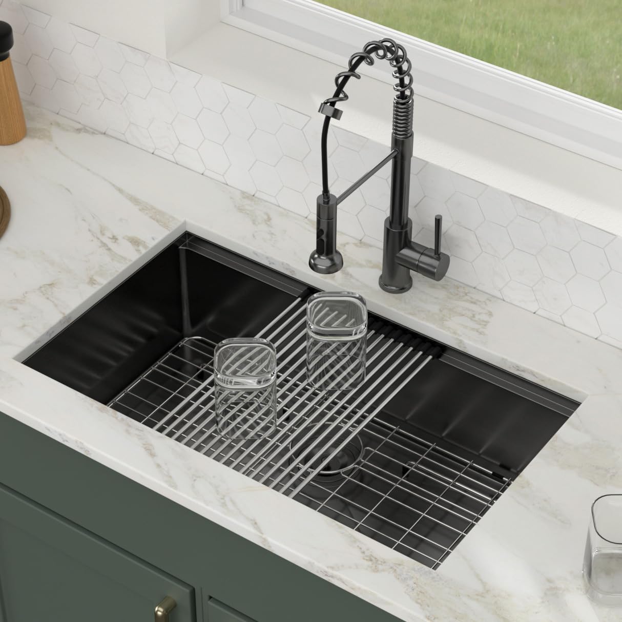 Logmey 30x19 Gunmetal Black Undermount Kitchen Sink 30 Inch Workstation Nano-PVD Stainless Steel Sinks 16 Gauge Single Bowl Kitchen Sink with Accessories 30x19x9
