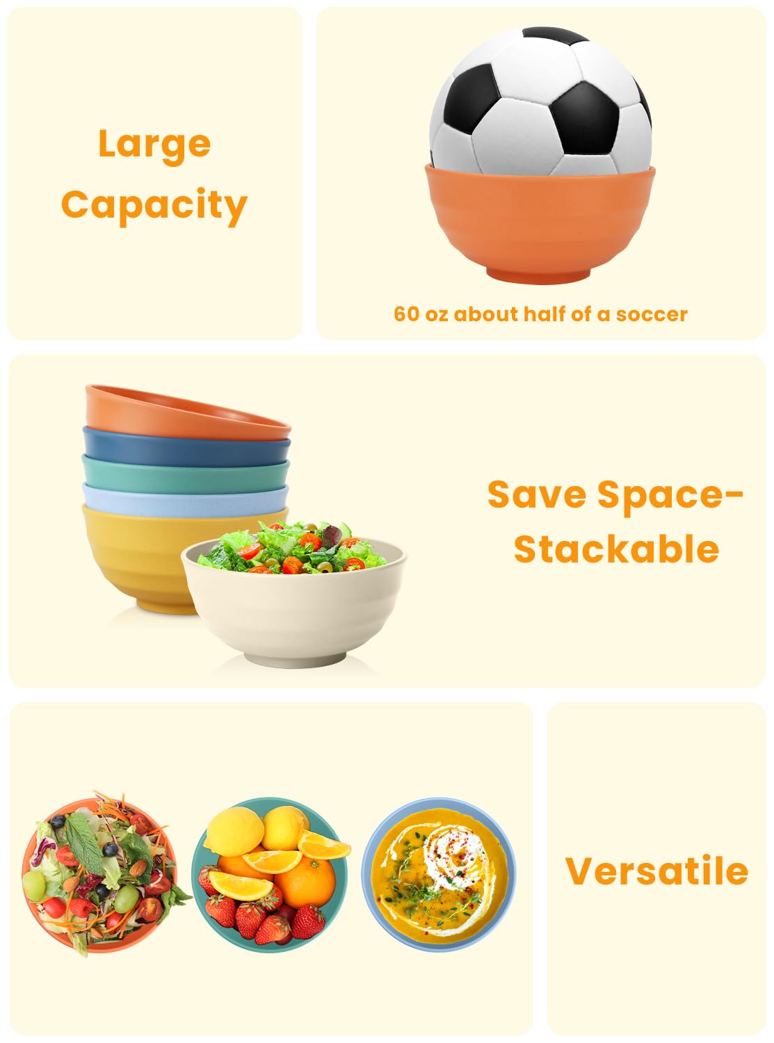 Homienly Large Bowl Set of 6, 60 oz Unbreakable Wheat Straw Bowls, Microwave Safe & Reusable for Salad, Cereal, Soup, Ideal for Camping, Picnic, Family Dining (Multi)