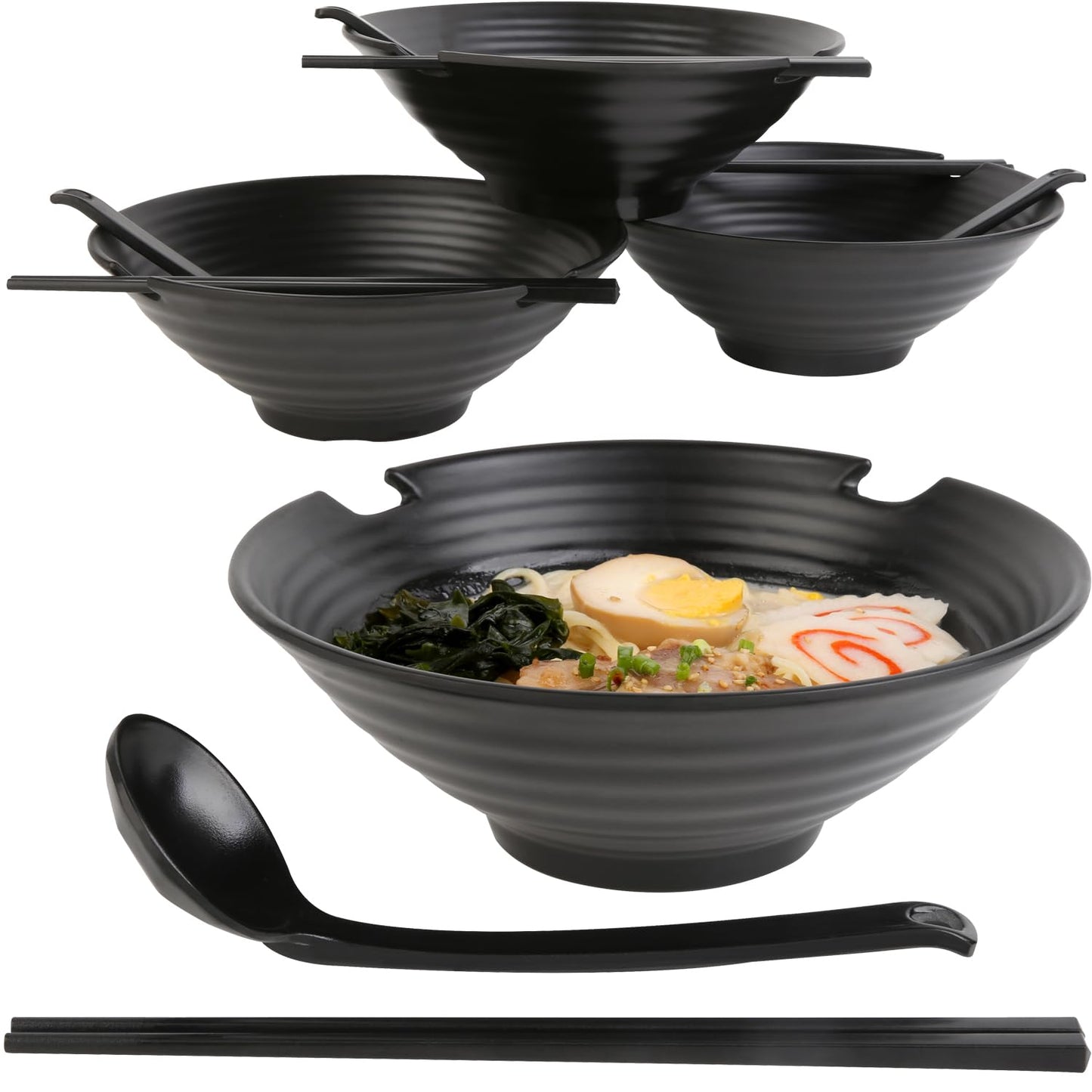 Donxote Japanese Style Ramen Bowls Set of 4, 37 oz Large Melamine Noodle Soup Bowl Set with Spoons and Chopsticks for Ramen, Pho, Udon, Asian Dishes