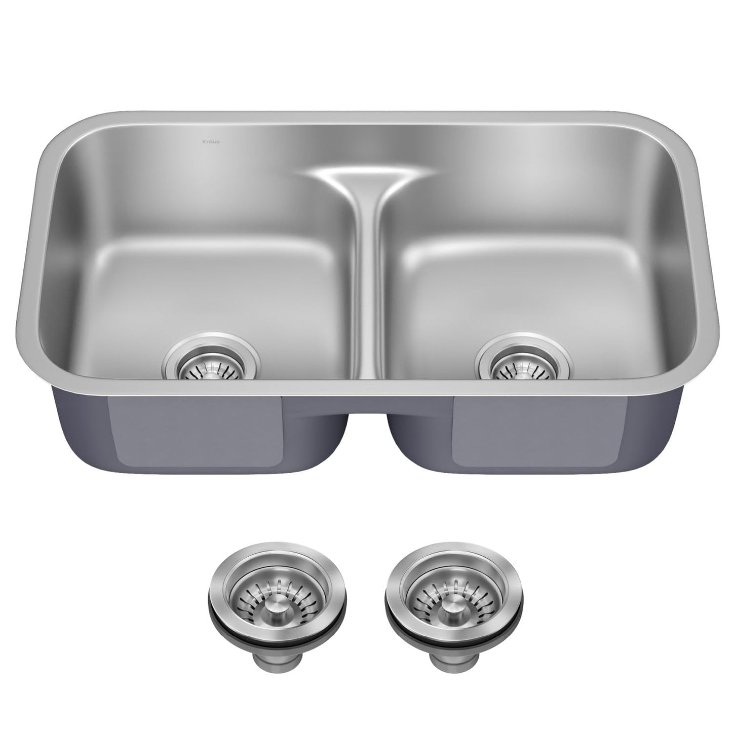 KRAUS Premier 32-inch Undermount 50/50 Double Bowl Low Divider 18-Gauge Stainless Steel Kitchen Sink with Strainers (x2), KBU32