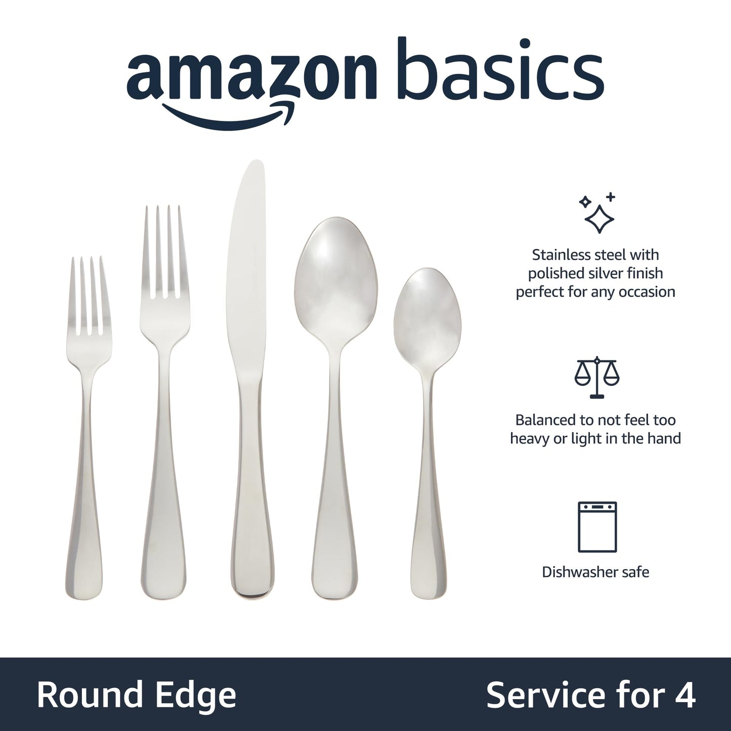 Amazon Basics Silverware Set, Stainless Steel Flatware, Dishwasher Safe, Service for 4, 20-Piece Forks and Spoons, Round Edge, Everyday Use