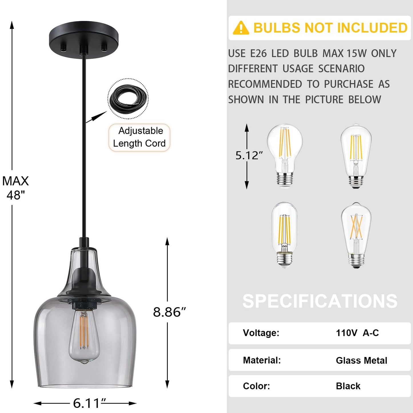 Dolaimy House Hanging Indoor Pendant Ceiling Light Modern Farmhouse Kitchen Island 6.1" Clear Grey Glass Fixture for Dinning Over Sink Bedside(3 Pack Black)
