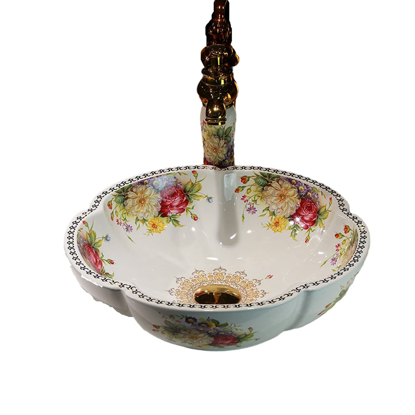 White Ceramic Bathroom Vessel Sinks with American Style Peony Flower Pattern Washing Sink for Vanity Top Bowl