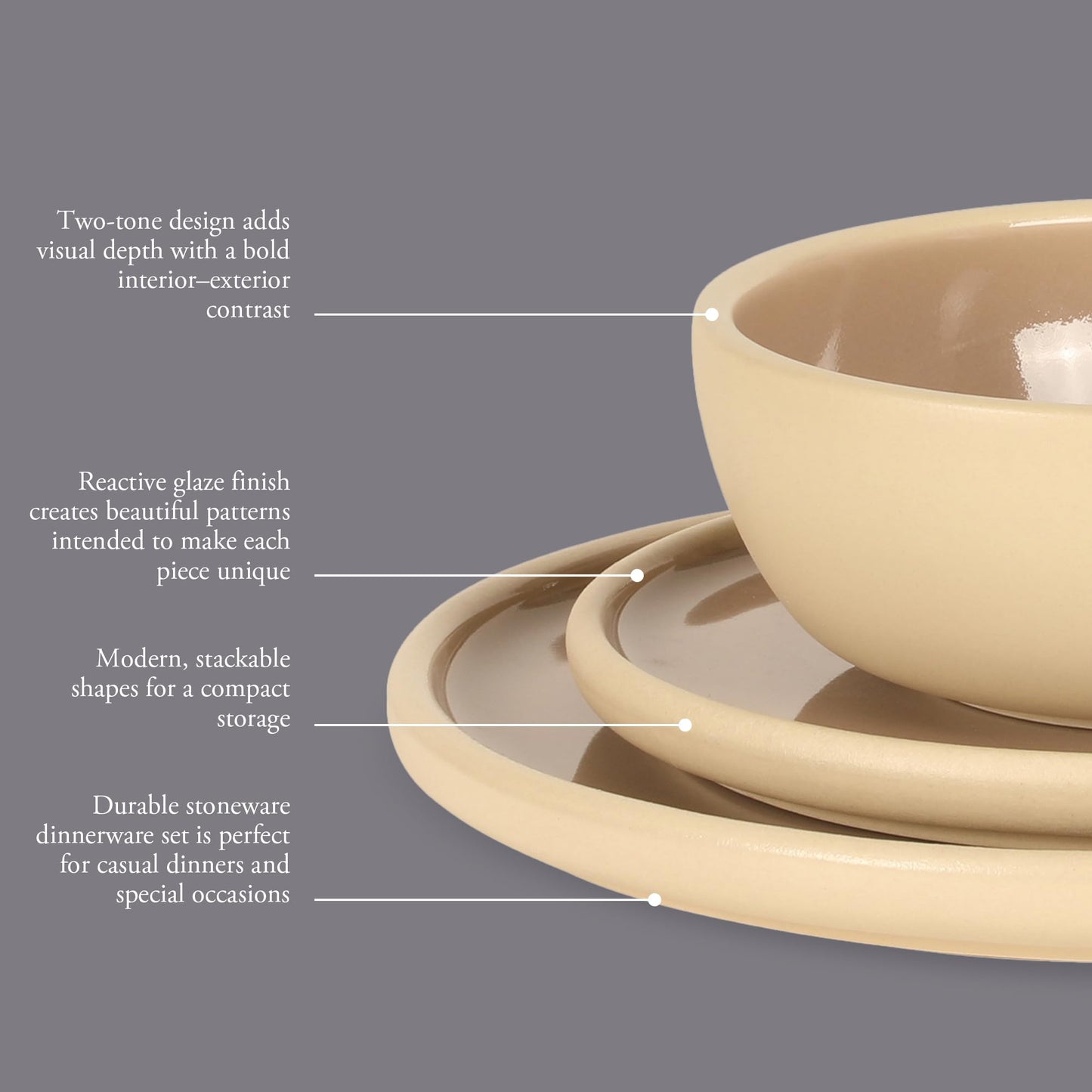 Gibson Elite - Made in Portugal - Port Gaia 12 Piece (Service for 4) Plates and Bowls Reactive Glaze Dishes Stoneware Ceramic Dinnerware Set - Taupe