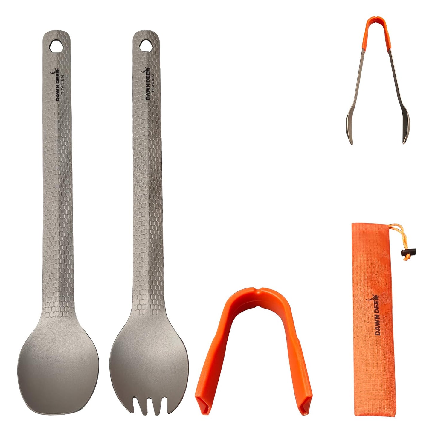 Dawn Deer 3 in1 Titanium Ultralight Cutlery Set, Long Handle Spoon and Spork, Camping tong, Travel Utensils with Bag (22CM)