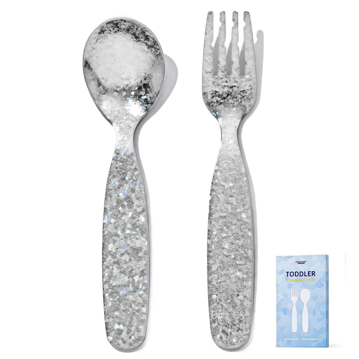 KINGSTONE Pure Titanium Toddler Utensils Set, 2-Piece Fork & Spoon Gift Set, Lightweight Kids Silverware for Self-Feeding Training, Easy Grip, BPA-Free, Dishwasher-Safe, Silver