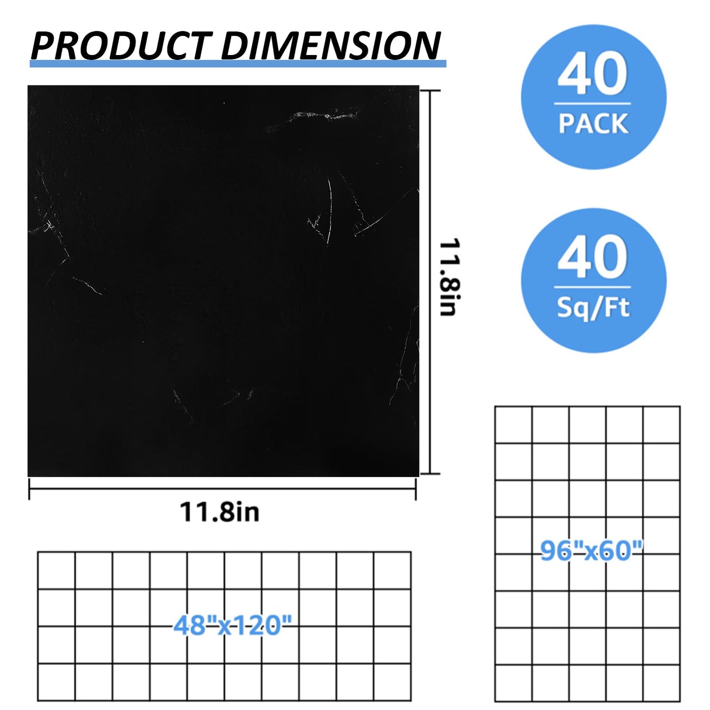 AKOLAFE 40 Sheet Vinyl Flooring 12 x 12 Inch Peel and Stick Floor Tile Waterproof Black Marble Vinyl Floor Tiles Clearance Self Adhesive Floor Tiles Sticky Laminate Flooring Stick on Bathroom Kitchen