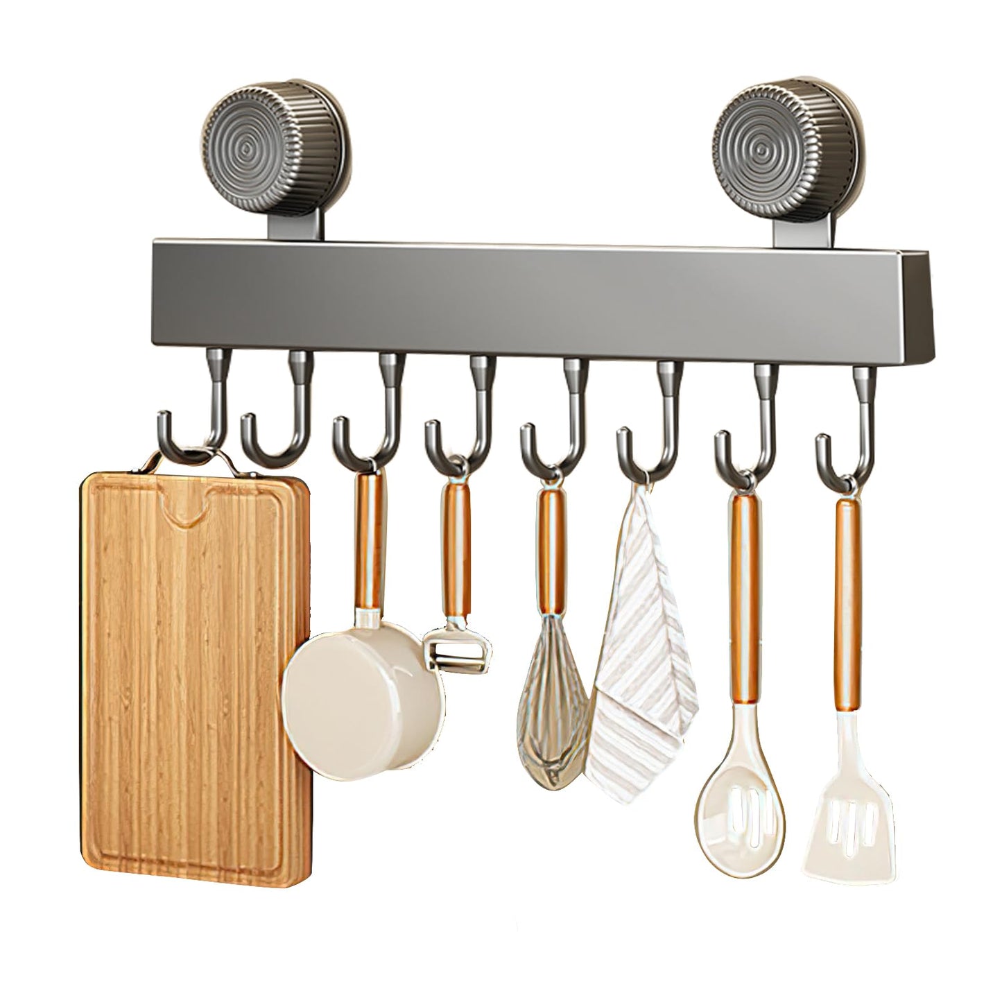Kitchen Wall Hooks with 8 Hooks – Wall Mounted Kitchen Utensil Holder Organizer Rack for Hanging Pots, Pans, Towels, Spoons, Heavy Duty Rail(Gunmetal Gray)