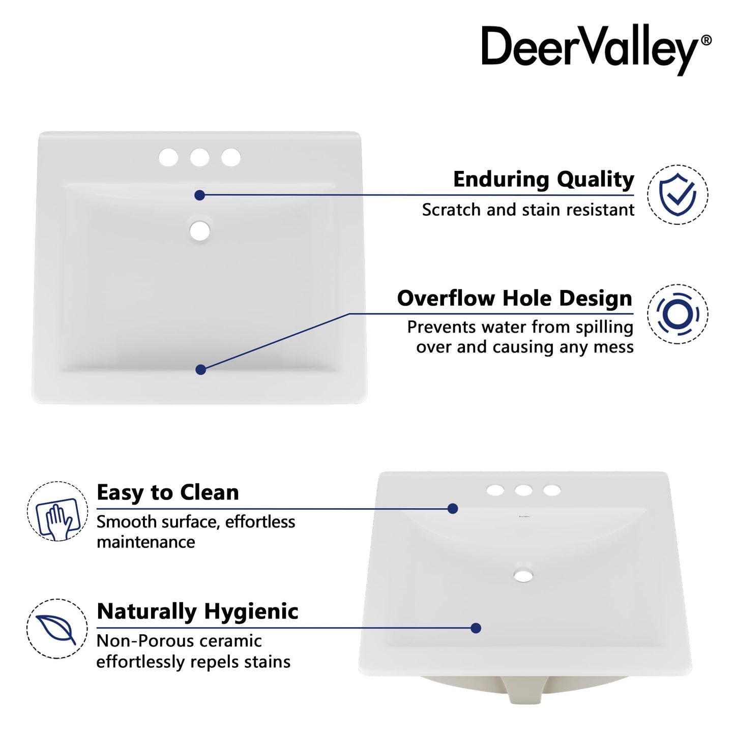 DeerValley 21x18 Inch Rectangular Ceramic Drop-in Bathroom Sink, Under Counter Vessel Sink with Overflow, White Vanity Basin