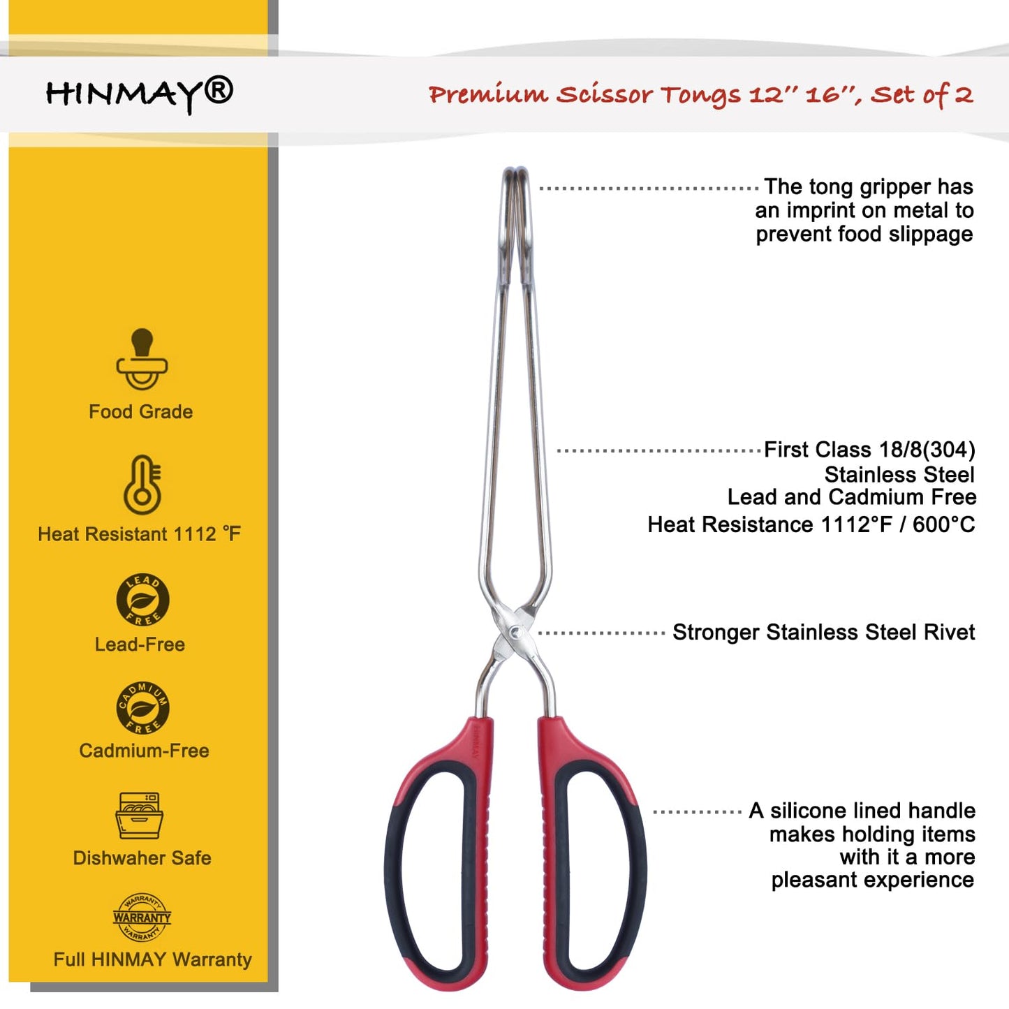 HINMAY 12" 16" Extra Long Stainless Steel Kitchen Tongs Set, Non-Slip Comfortable Red Grip, Scissor Design, Heat Resistant for Cooking Grilling and Serving