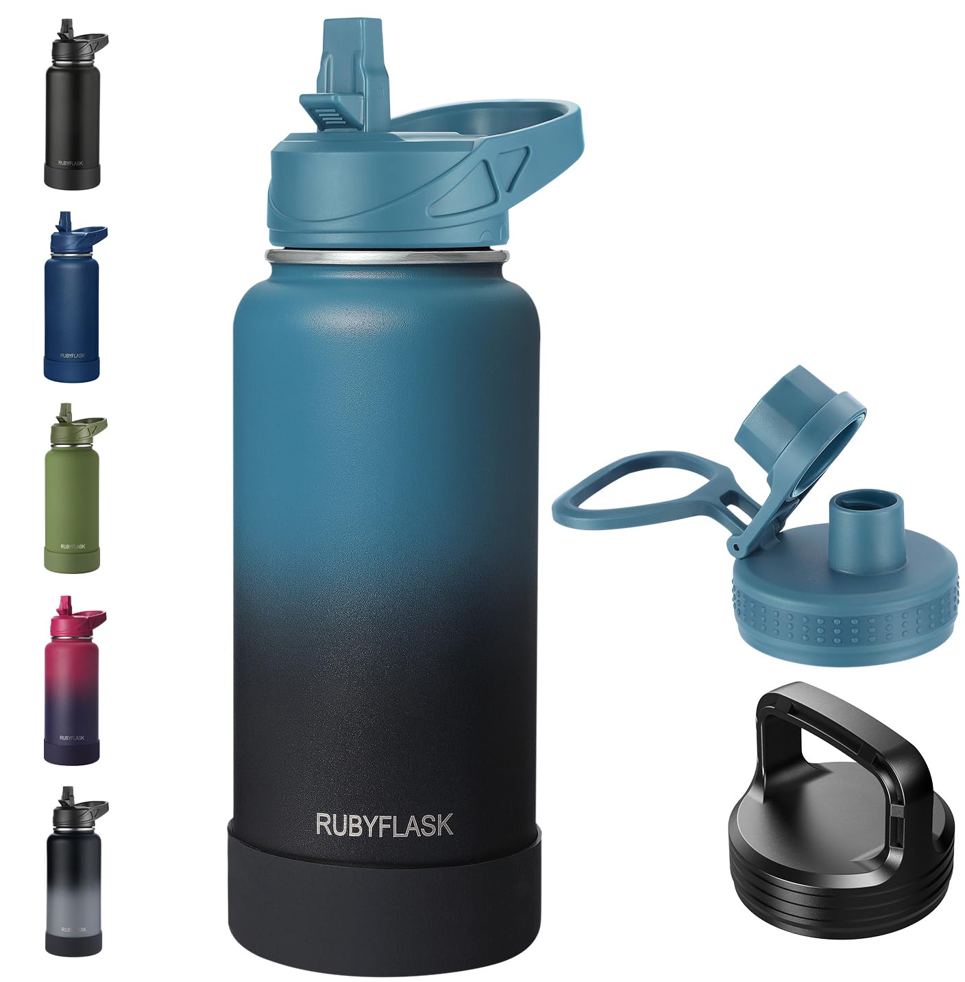 RUBYFLASK 32oz Insulated Water Bottle with Straw, Stainless Steel Metal Vacuum Water Flask, Large Thermal Water bottle with Leakproof 3 Lids for Travel, Camping, Gym Sports Indigo Black