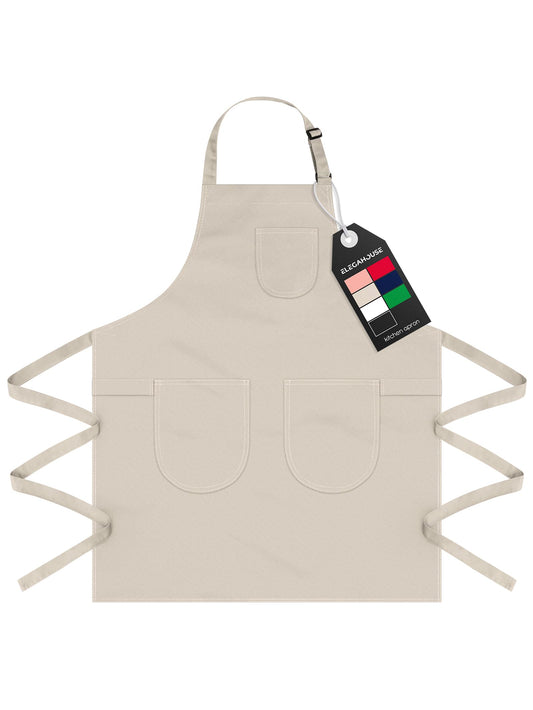 ELEGAHOUSE Unisex Apron with Pockets for Cooking, Salon & Art - 100% Cotton Adult Kitchen, Chef, Stylist Apron (Beige)