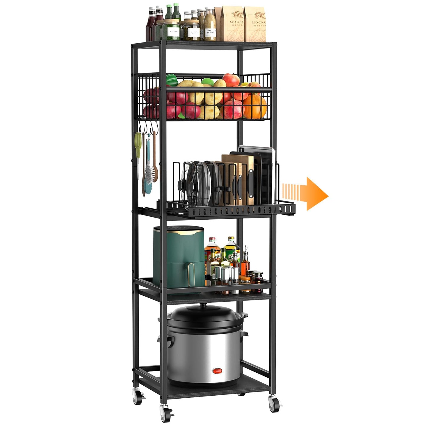 Housolution 5 Tier Kitchen Rolling Cart, Storage Cart with Metal Fruit Vegetable Basket and Pull-Out Pot Lid Cutting Board Organizer, Storage Rack with Wooden Top for Kitchen, Pantry, Bathroom