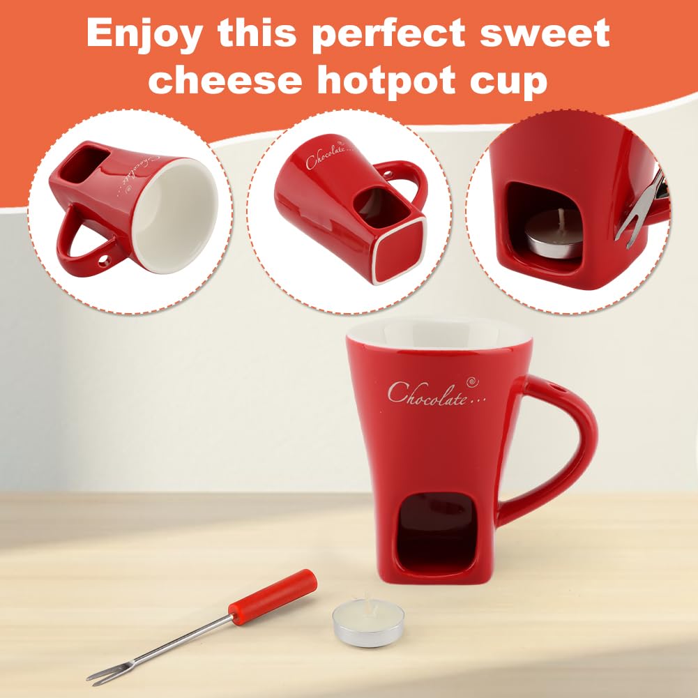 Chocolate Fondue Cup,Chocolate Fondue Mug with Fork and Candle,Ceramic Chocolate Melting Cup for Birthday Date Night Birthday Wedding Gifts (11.5 * 5.5 * 8.5cm,COLOR:Red)