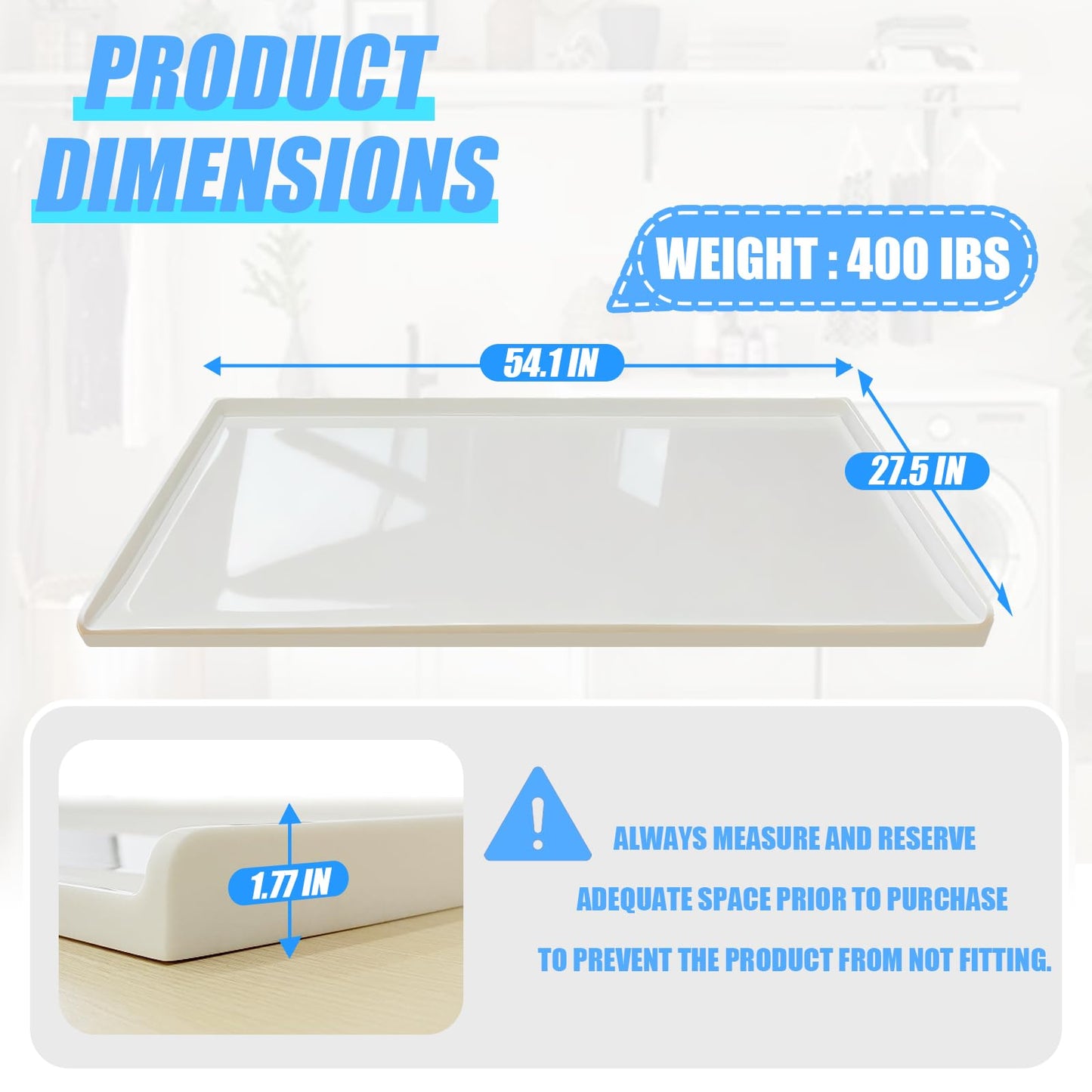 TTSZNB Washer Dryer Countertop, 54 in(L) x 27.5 in(W), Washer Dryer Top Cover, Laundry Countertop for Folding, Sorting and Ironing, Wear-Resistant and Easy to Clean (White)