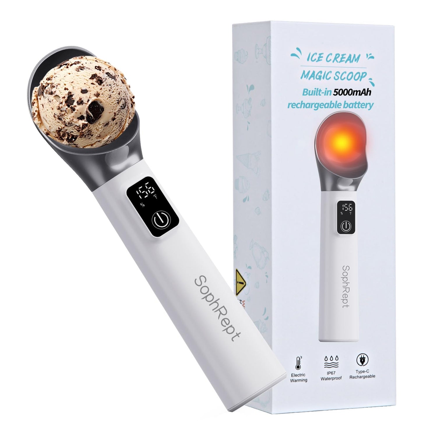 Heated Ice Cream Scoop Rechargeable, 5000mAh, 20W Fast Charging, 30s Heat Up, 158°F Electric Self-Warming Scooper for Hard Frozen Desserts, IP67 Waterproof, Auto Shut-Off