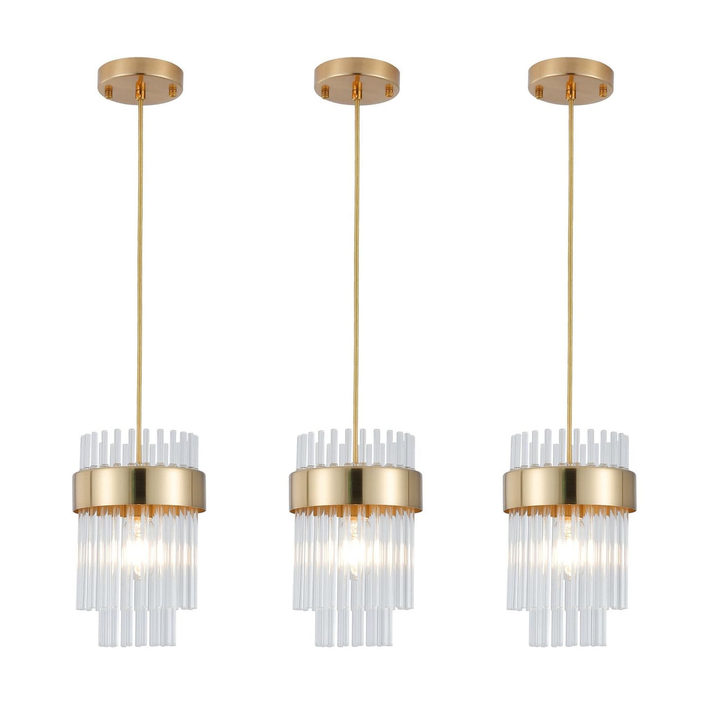 Dijiahua Pendant Lights Kitchen Island Gold 3 Pack,Crystal Pendant Light Fixtures Over Table, Mini Brass Dining Room 1-Light Chandelier,Modern Adjustable Cord Hanging Lamp for Bedroom,Sink