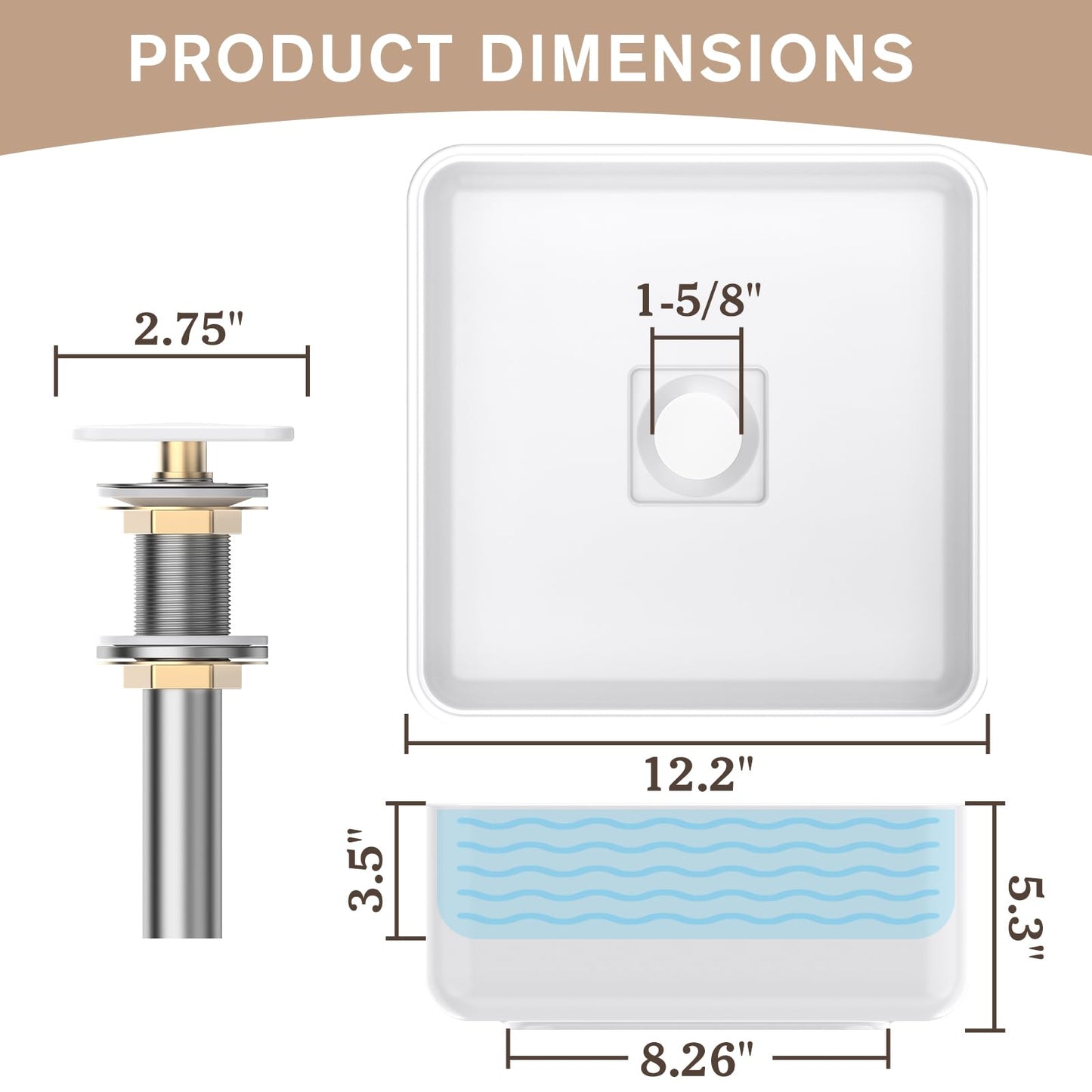 Vessel Sink with Drain, 12" Square Bathroom Sinks Above Counter, 0.2" Ultra-Slim Rim Modern Vessel Sinks for Bathroom, White Ceramic Vanity Sink (12.2x12.2" Square)