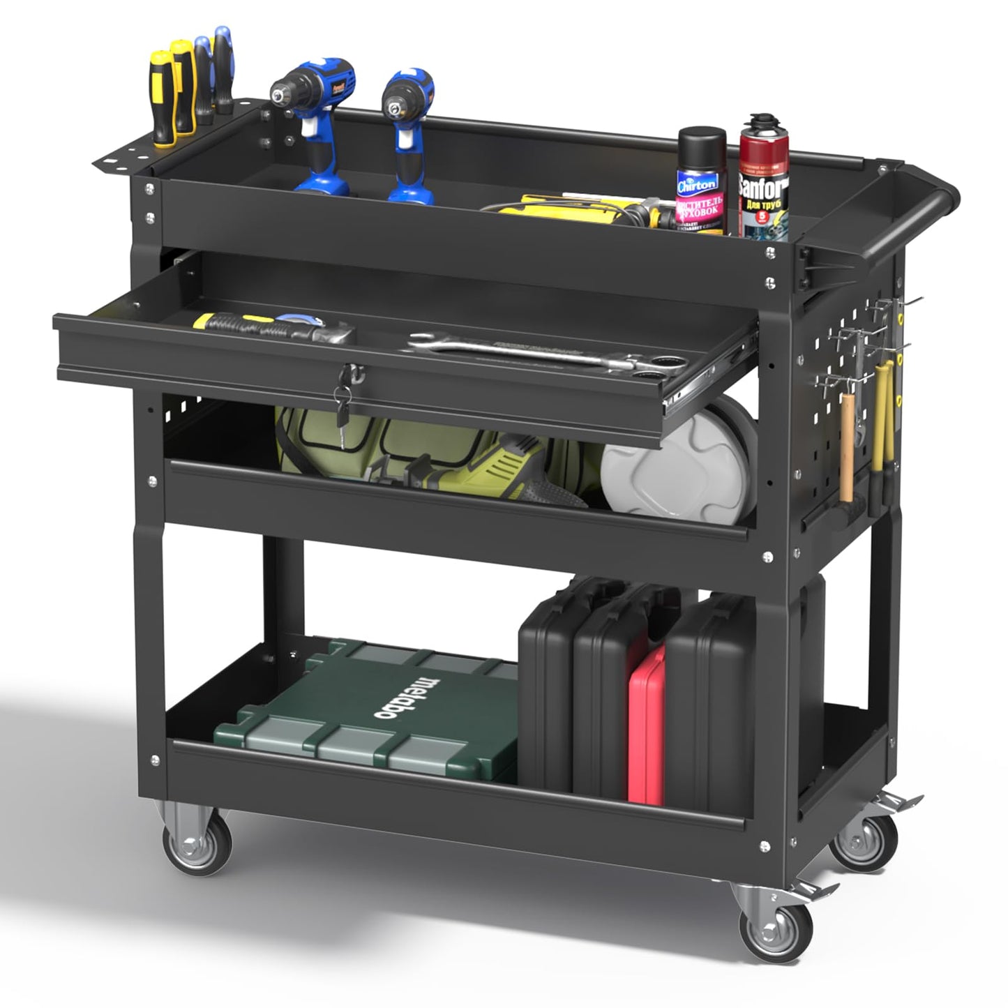 Pelnuies 3 Tier Rolling Tool Cart with Drawers, 400 LBS Capacity Mechanic Tool Cart on Wheels, Heavy Duty Utility Cart with Pegboard, Metal Work Cart for Garage and Repair Shop, Matte Black