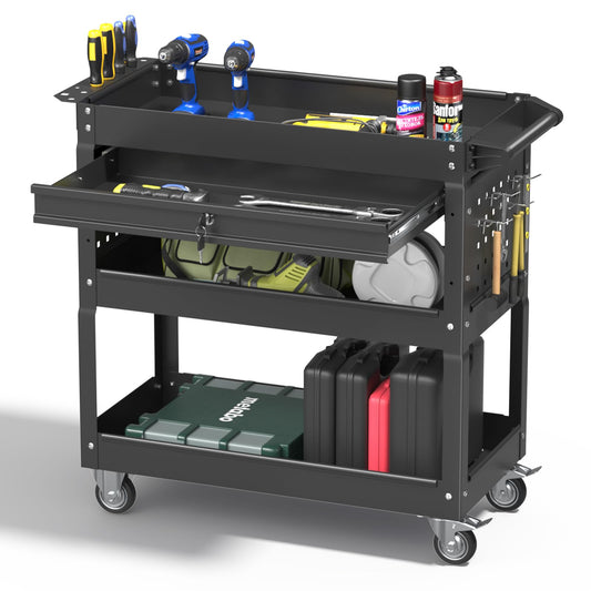 Pelnuies 3 Tier Rolling Tool Cart with Drawers, 400 LBS Capacity Mechanic Tool Cart on Wheels, Heavy Duty Utility Cart with Pegboard, Metal Work Cart for Garage and Repair Shop, Matte Black