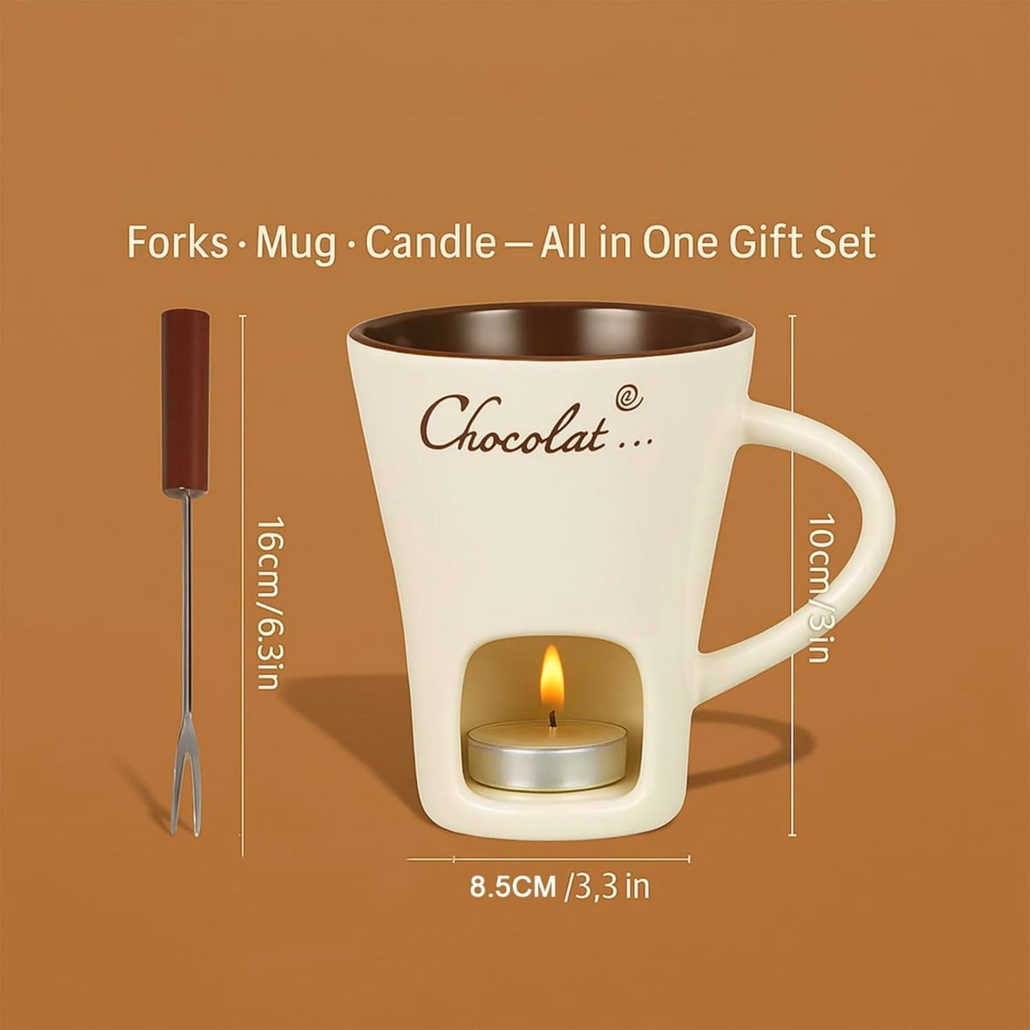 CREHNIL Chocolate Melting Mug Cheese Candy Mini Fondue Pot With Forks (Brown)