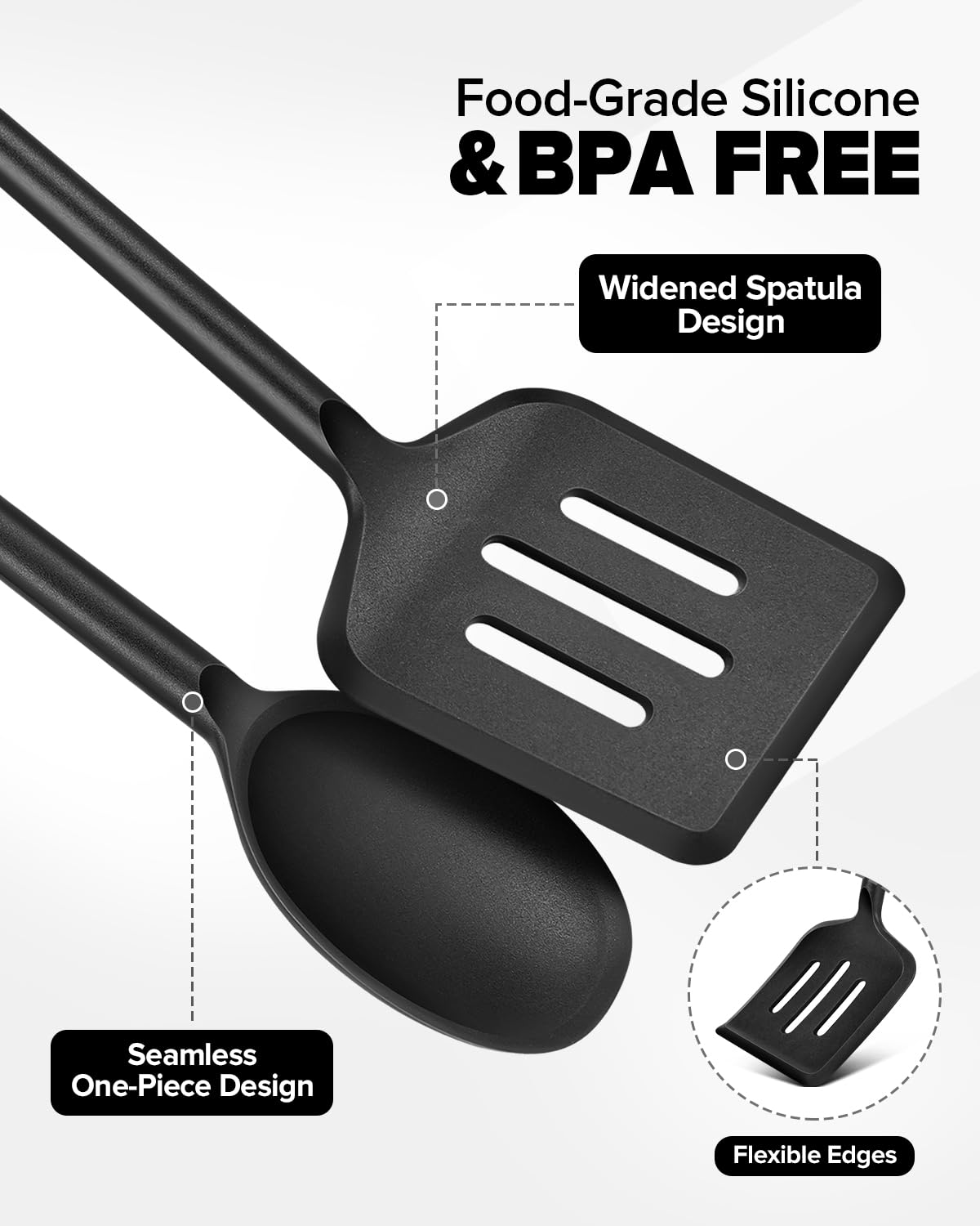 Silicone Cooking Utensils Set, Heat Resistant Non-Stick Long Handle Silicone Spatulas Turner & Spoons Set, BPA-Free Solid & Slotted Kitchen Tools for Frying, Stirring & Serving (4 Pack) (BLACK)