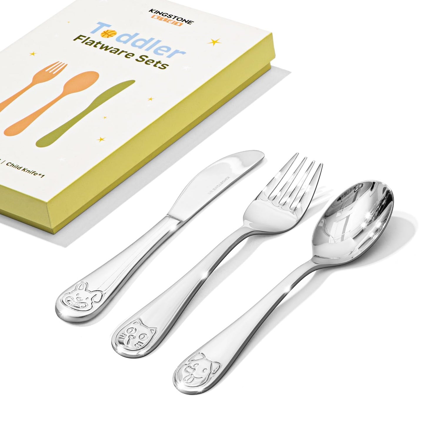 KINGSTONE Toddler Utensils Gift Set, 3-Piece Fork, Spoon & Knife, Large Size, 18/10 Stainless Steel, Cat & Dog Print, Ergonomic Kids Flatware for Self-Feeding, Ideal Birthday or Children Shower Gift