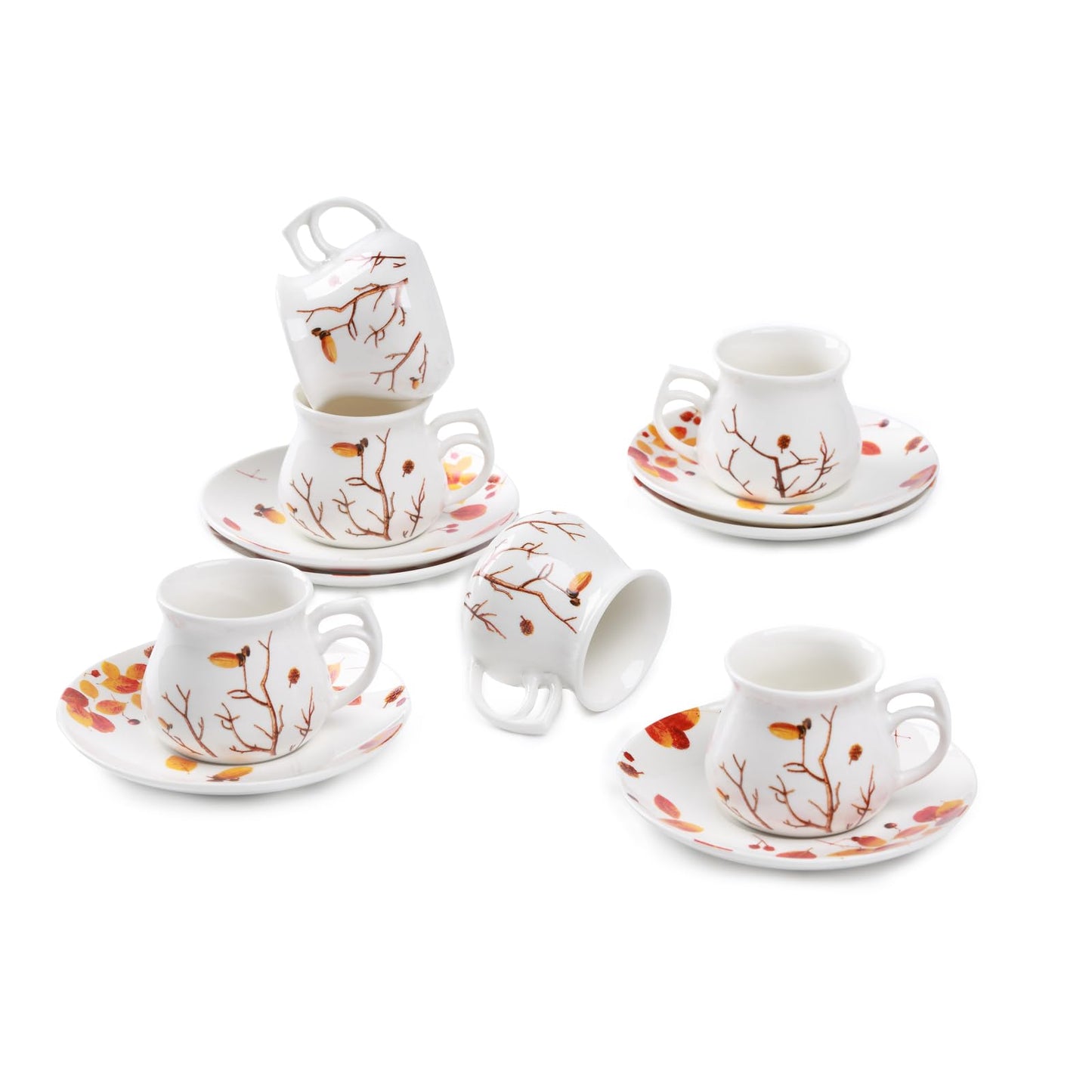 GuangYang 2.5 oz Espresso Cups and Saucers set of 6,Fall Design (Cute Shape for Double Espresso Shots, Ristretto, Macchiato,Café Cubano, and Turkish Coffee)