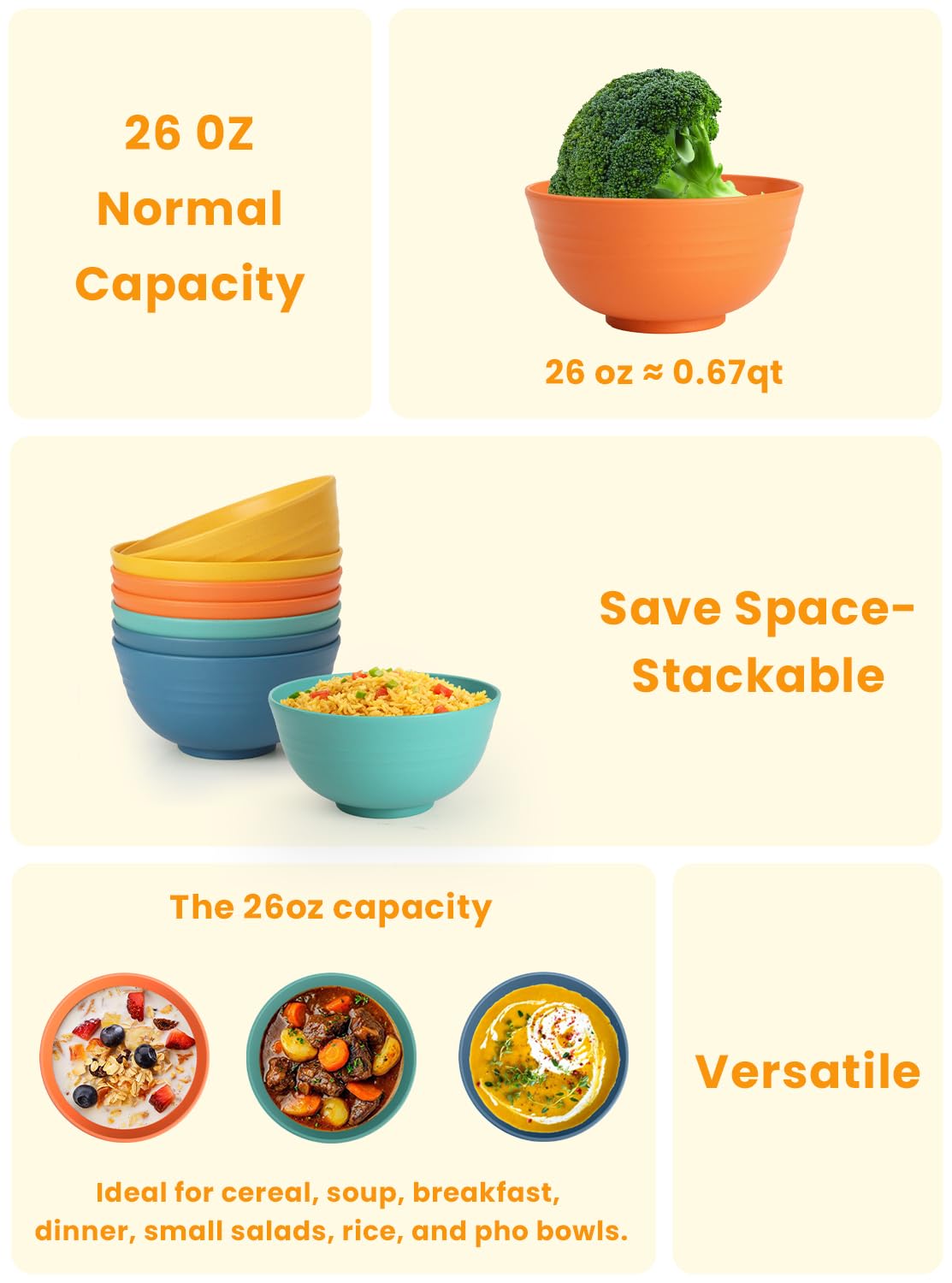 Homienly Plastic Bowls Alternative, Unbreakable Wheat Straw Cereal Bowls 8 PCS - Microwave & Dishwasher Safe Bowl for Cereal, Snack, Rice, Salad, Soup Bowls for Kitchen, Camping, Party(Muliti,26 OZ)