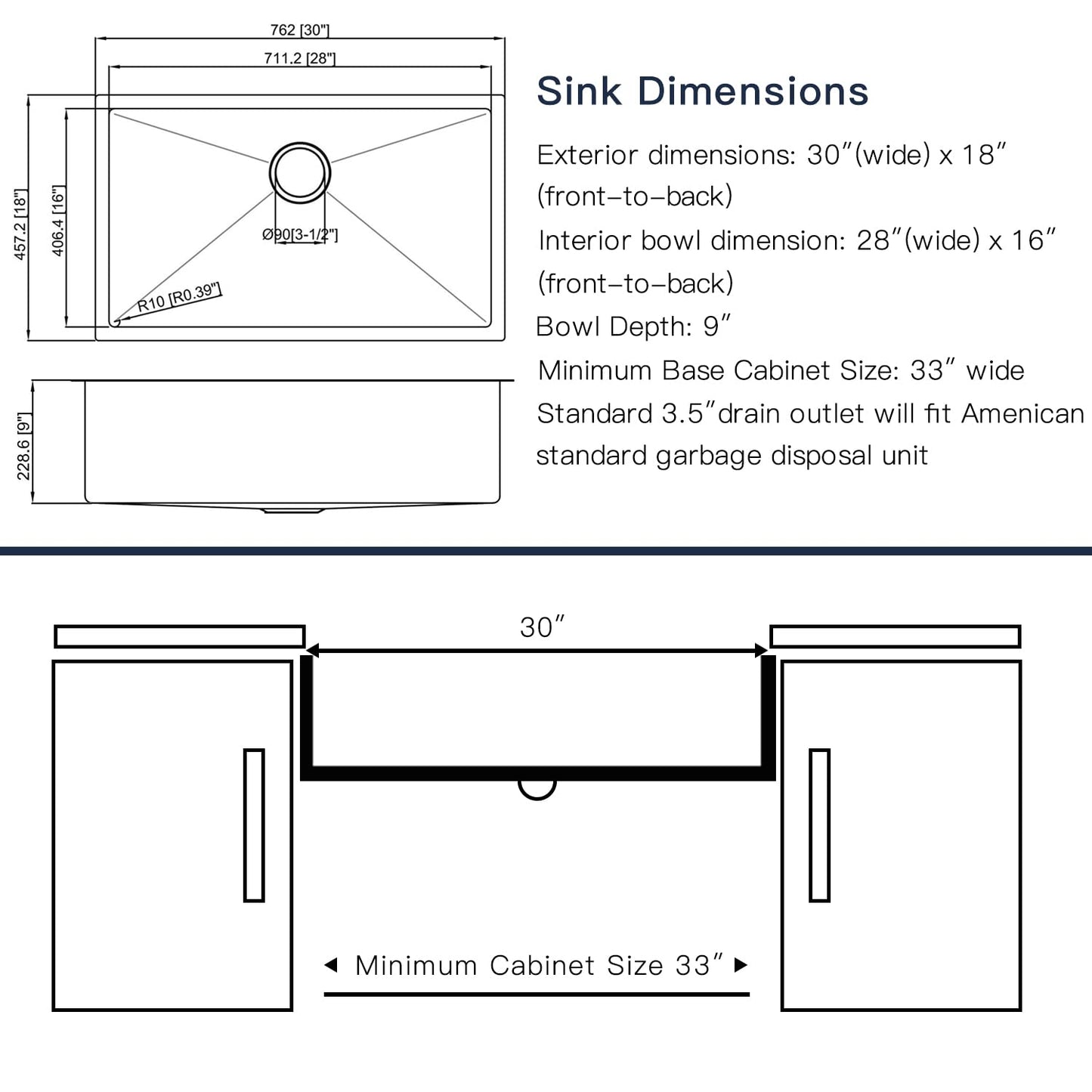 Kitchen Sink 30x18 Inch Undermount Sink Stainless Steel 16 Gauge Single Bowl Kitchen Sinks Set (5 Item Bundle: Sink, Bottom Grid, Drain Assembly, Drain Cap, Towel)