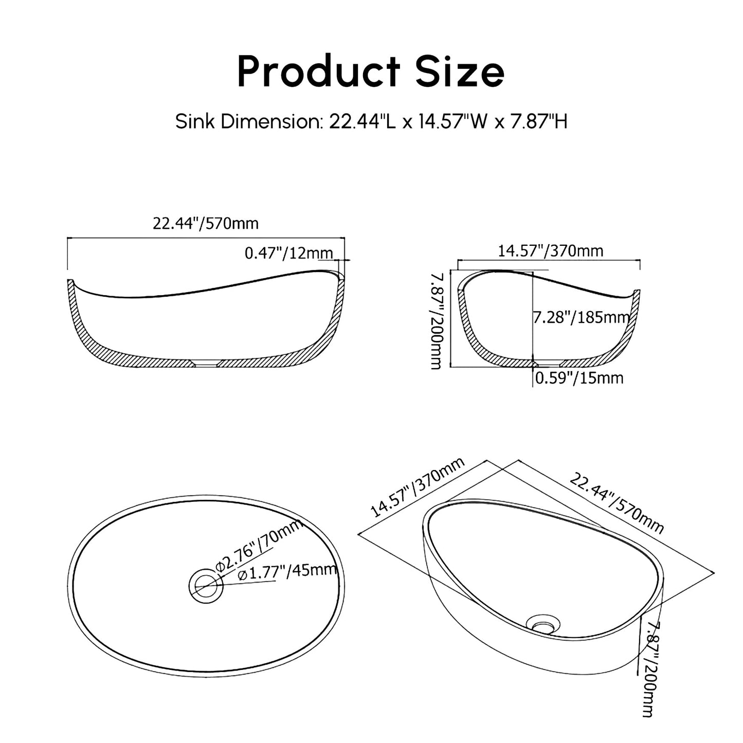 Weibath Oval Vessel Sink, Stone Resin Bathroom Sink in Matte White with Pop-Up Drain, Modern Countertop Sink 22.44"