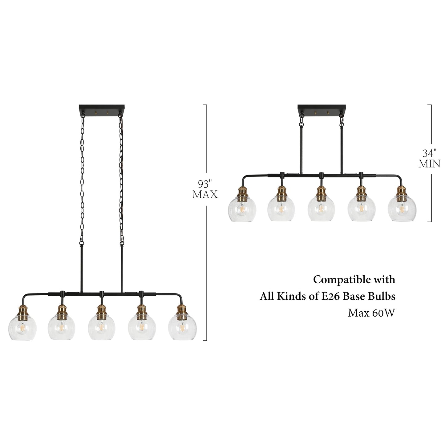 KSANA 5 Light Kitchen Island Lighting, Mid-Century Modern Linear Chandelier Black and Electroplated Copper Dining Room Light Fixtures with Seeded Glass Shade, 39" W