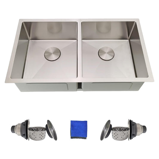 32 Inch Double Bowl Kitchen Sinks Undermount – Delironexu 16 Gauge Stainless Steel Kitchen Sink Double Bowl, 32x18 Undermount Kitchen Sink with Brushed Finish, 50/50 Double Sink