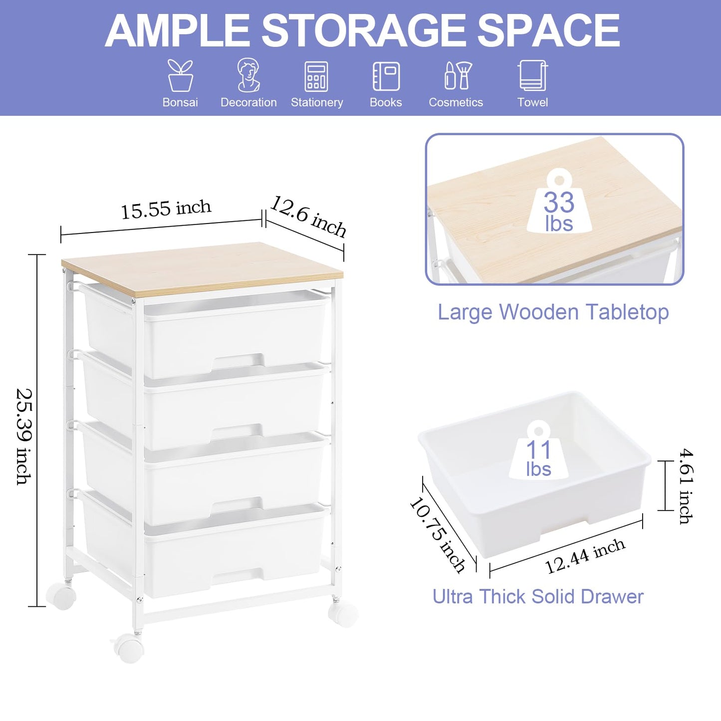 SYKIARIOL Utility Cart with 4 Drawers, Multipurpose Rolling Storage Cart with 4 Drawers and 2 Lockable Wheels, 4-Tier Rolling Storage Cart Organizer for Home Office Dorm, Bright White