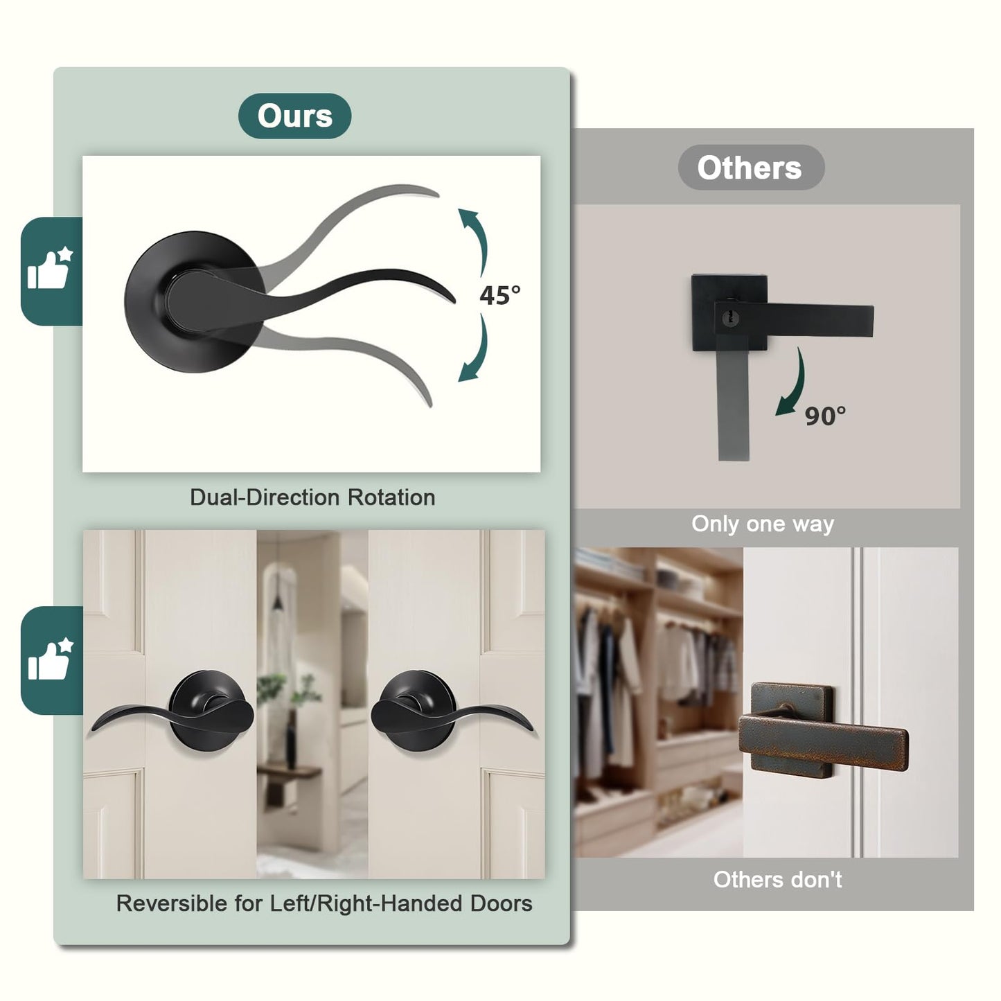GOBEKOR 3 Pack Passage Door Levers Hallway Closet Door Handles Interior Door Handle with Lock Keyless Matte Black Wave Door Handle Lever Set